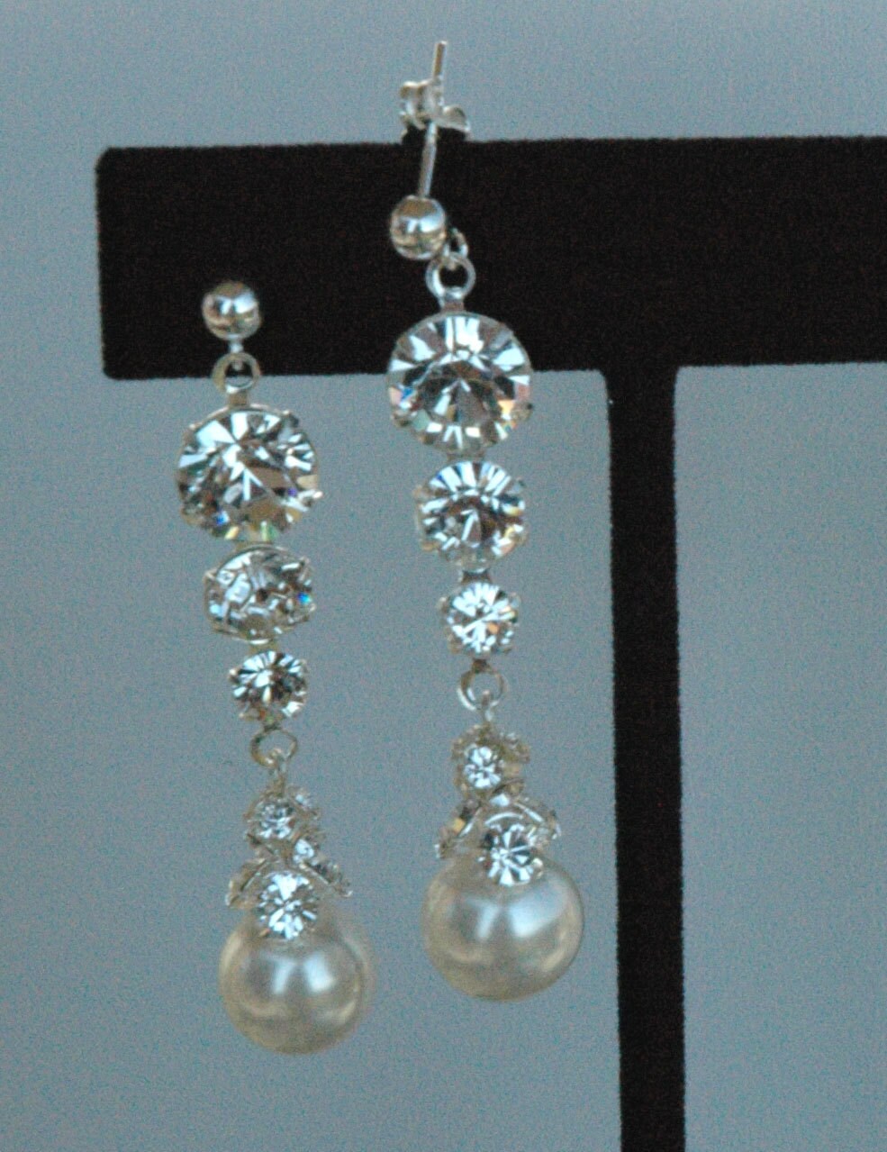 PRESTIGE Crystal Pearls and Rhinestone Post  Sterling Silver  Earrings, Weddings Bride Bridal Earrings, Bridesmaids Earrings