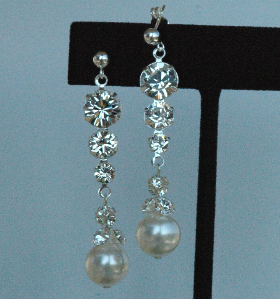 PRESTIGE Crystal Pearls and Rhinestone Post  Sterling Silver  Earrings, Weddings Bride Bridal Earrings, Bridesmaids Earrings