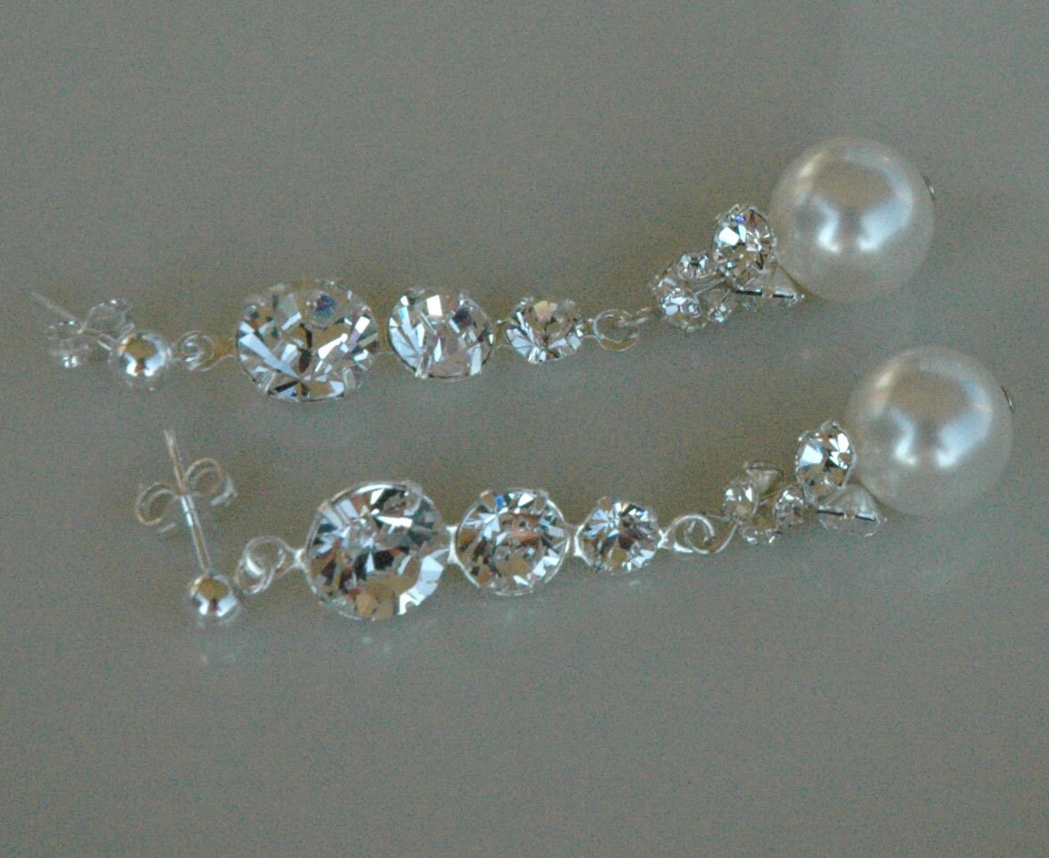 PRESTIGE Crystal Pearls and Rhinestone Post  Sterling Silver  Earrings, Weddings Bride Bridal Earrings, Bridesmaids Earrings