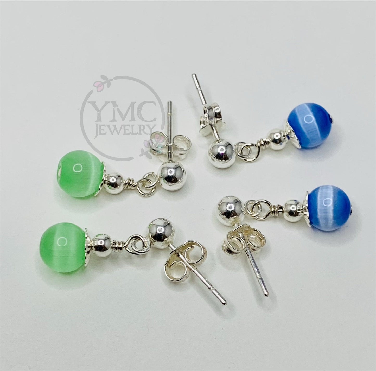 Custom Multicolour Cat Eye Little Girl Earrings,Small Pink Dangle Earrings,Gift For Toddler Girls, Sterling Silver Post Dangles Earrings
