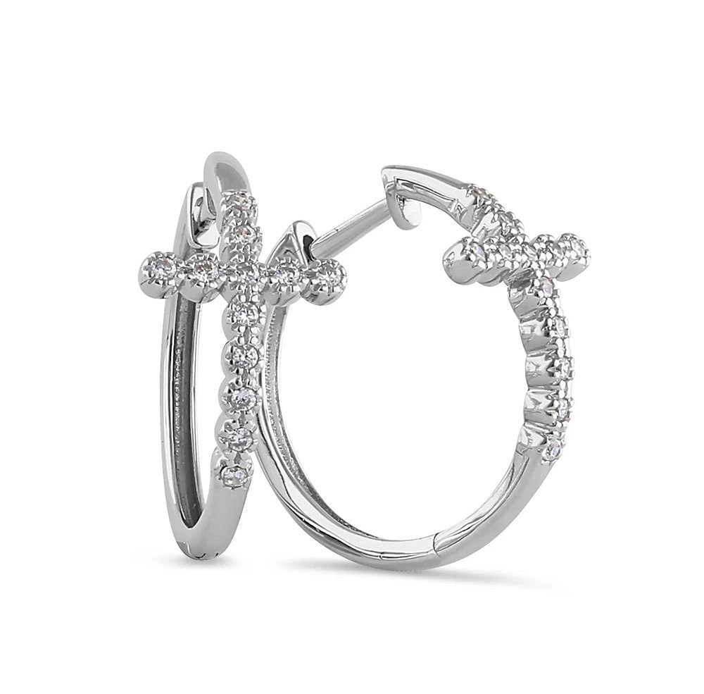 Sterling Silver Cubic Zirconia Cross Hoops Round,First Communion Cross Earrings,Confirmation Cross Earrings,Cross Hoop Earrings for Girls
