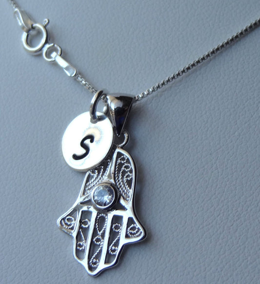 Sterling Silver Hamsa Hand of Fatima Initial Necklace,Kabbalah Necklace, Hamsa Necklace, Hand of Fatima Necklace, Protection Necklace