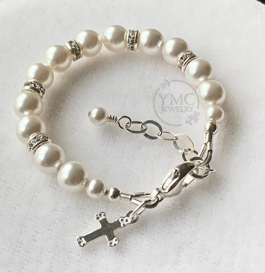 Baptism Pearl Cross Bracelet,Baby Girl Pearl Cross Bracelet