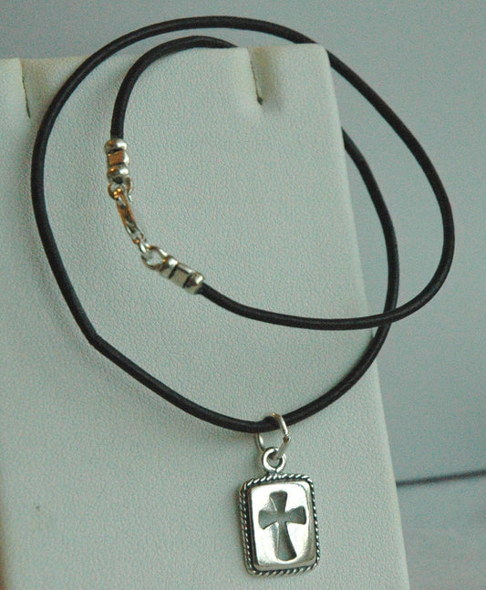 Sterling Silver and Leather Rectangle Cross Necklace Choker - Boy, Kids