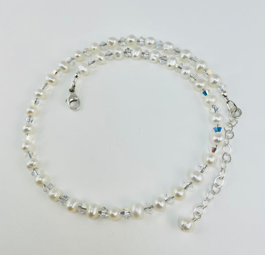 Sterling Silver Freshwater Pearl Crystal Children Necklace,Confirmation First Communion Necklace,Flower Girl Jr Bridesmaids Necklace Gift
