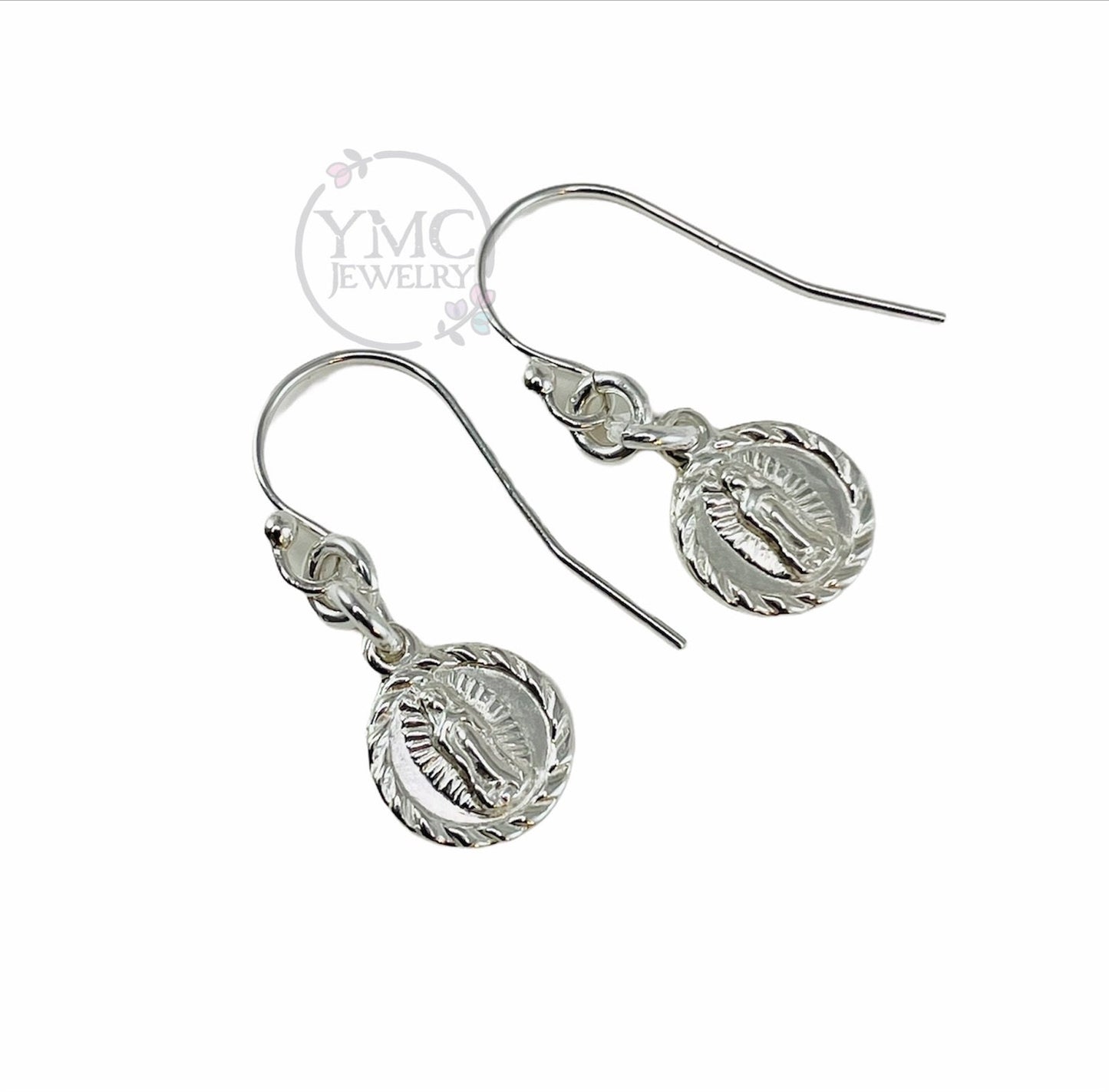 Petite Virgin Mary Earrings,Sterling Silver Religious Earrings,Lady of Guadalupe Medal Earrings,Virgin Mary medal,First Communion Earrings