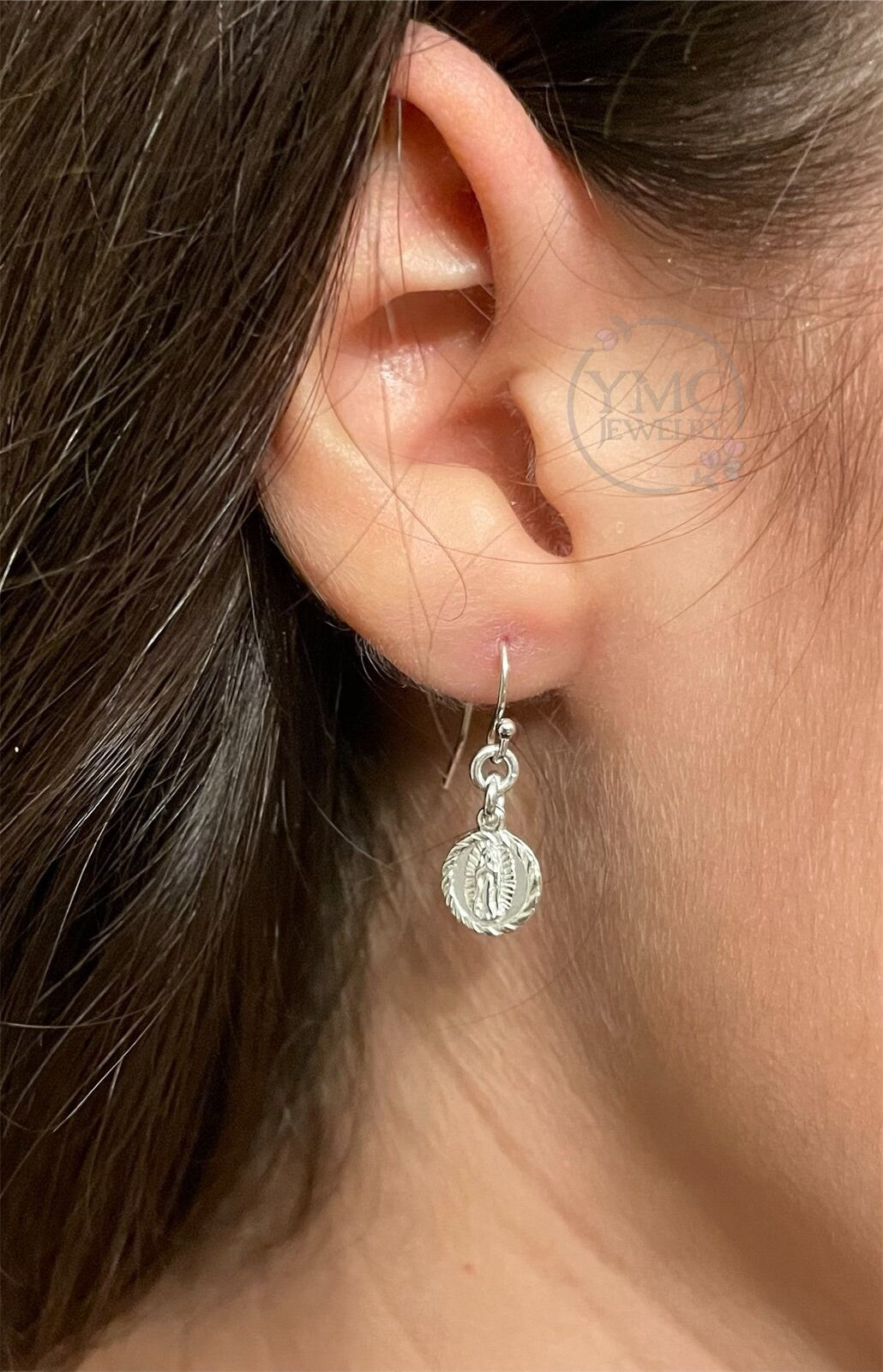 Petite Virgin Mary Earrings,Sterling Silver Religious Earrings,Lady of Guadalupe Medal Earrings,Virgin Mary medal,First Communion Earrings