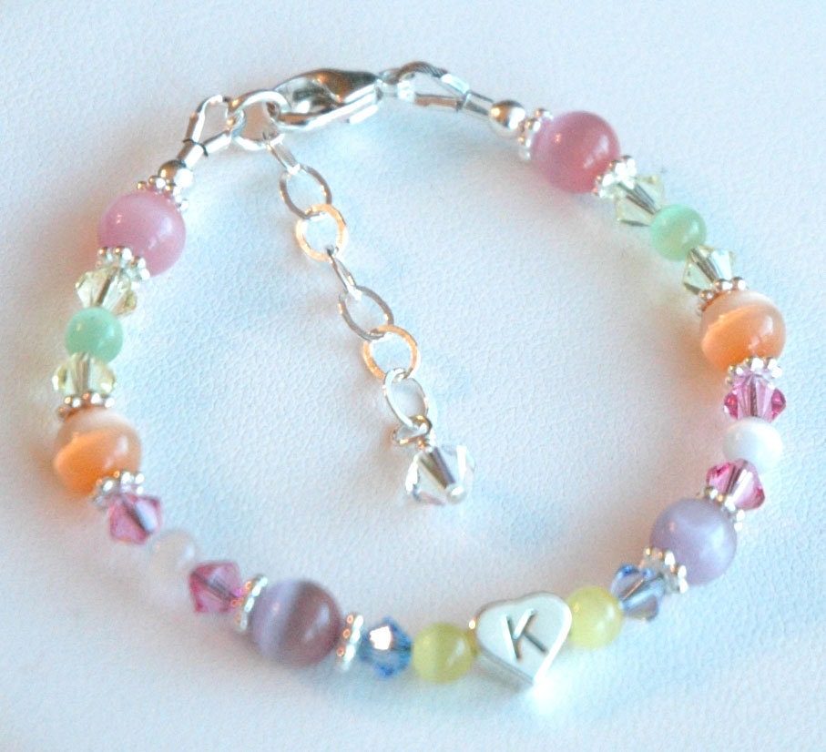 Best Friend BFF Bracelet,Sterling Silver Heart Initial Multicolor Cat Eye and Crystal Children Bracelet,Easter Bracelet,Set two BFF bracelet