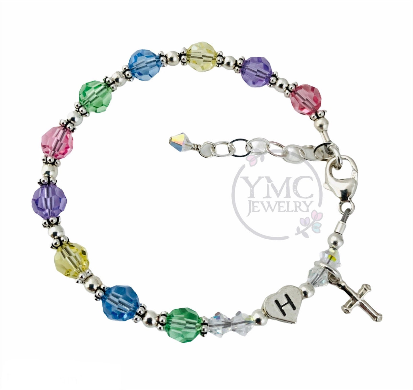 Personalized Multicolor Pastel Crystal Initial Rosary Chaplet Bracelet