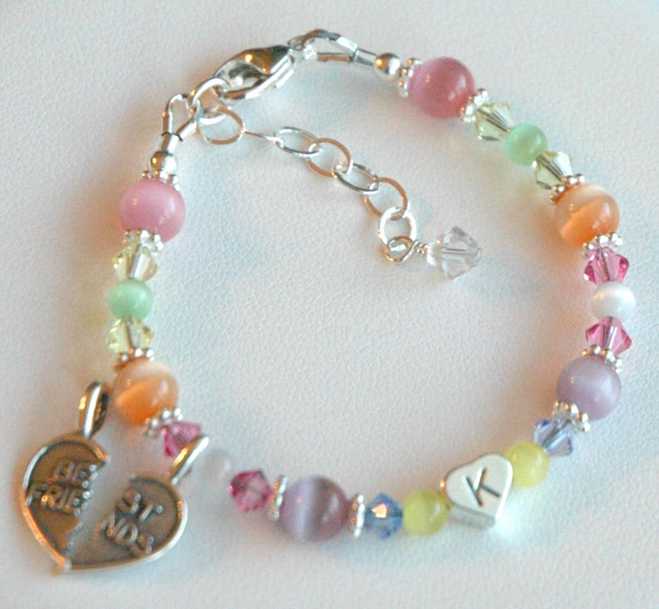 Best Friend BFF Bracelet,Sterling Silver Heart Initial Multicolor Cat Eye and Crystal Children Bracelet,Easter Bracelet,Set two BFF bracelet
