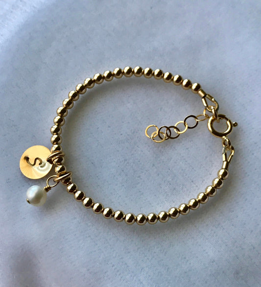 Gold Initial Bracelet,Flower Girls Bracelet,Gold Baptism Bracelet,First Communion,Confirmation,Baby Infant Bracelet,Gold Birthstone Bracelet