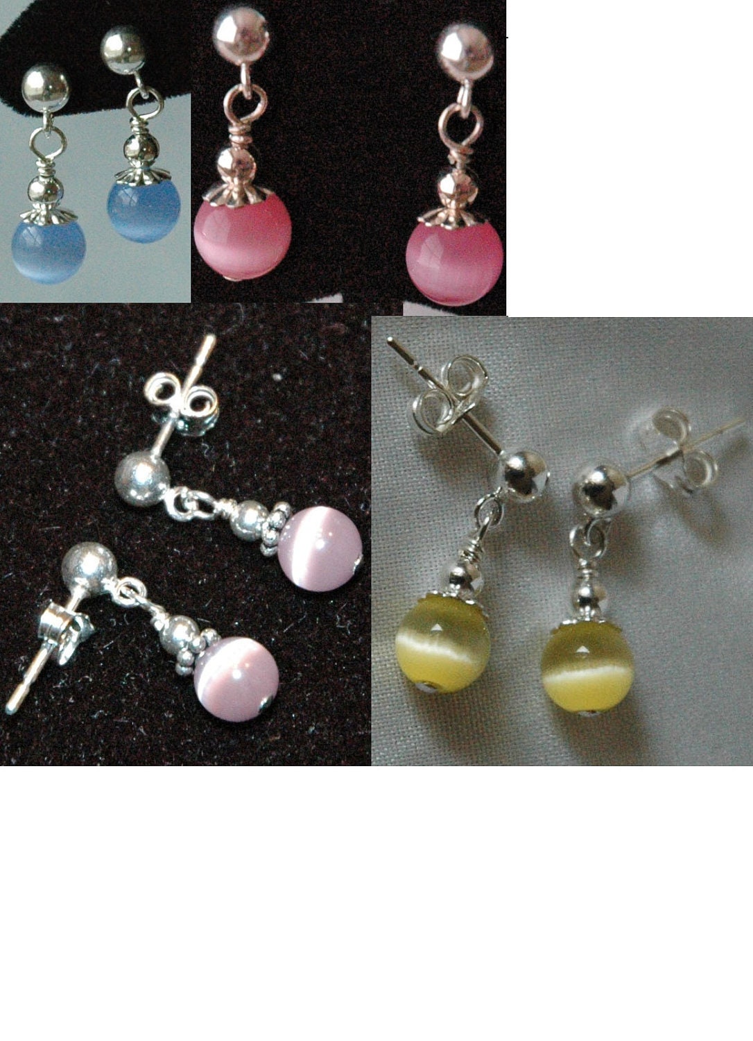 Custom Multicolour Cat Eye Little Girl Earrings,Small Pink Dangle Earrings,Gift For Toddler Girls, Sterling Silver Post Dangles Earrings