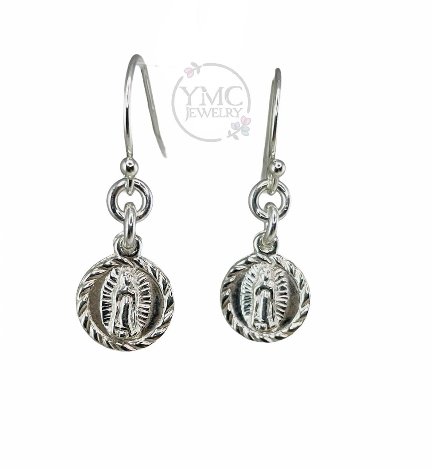 Petite Virgin Mary Earrings,Sterling Silver Religious Earrings,Lady of Guadalupe Medal Earrings,Virgin Mary medal,First Communion Earrings