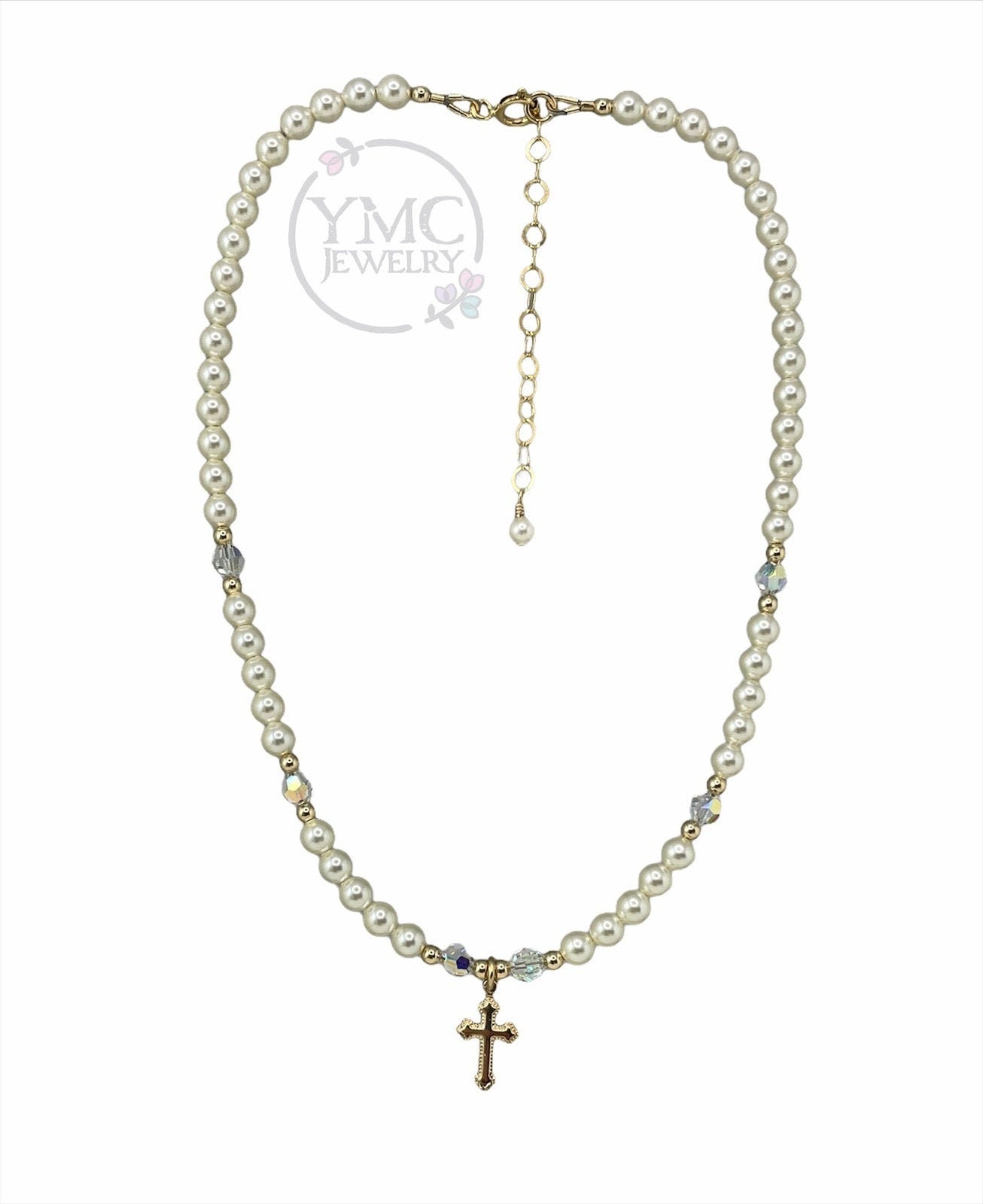 Gold Pearl Cross Necklace, Baptism First Communion Necklace