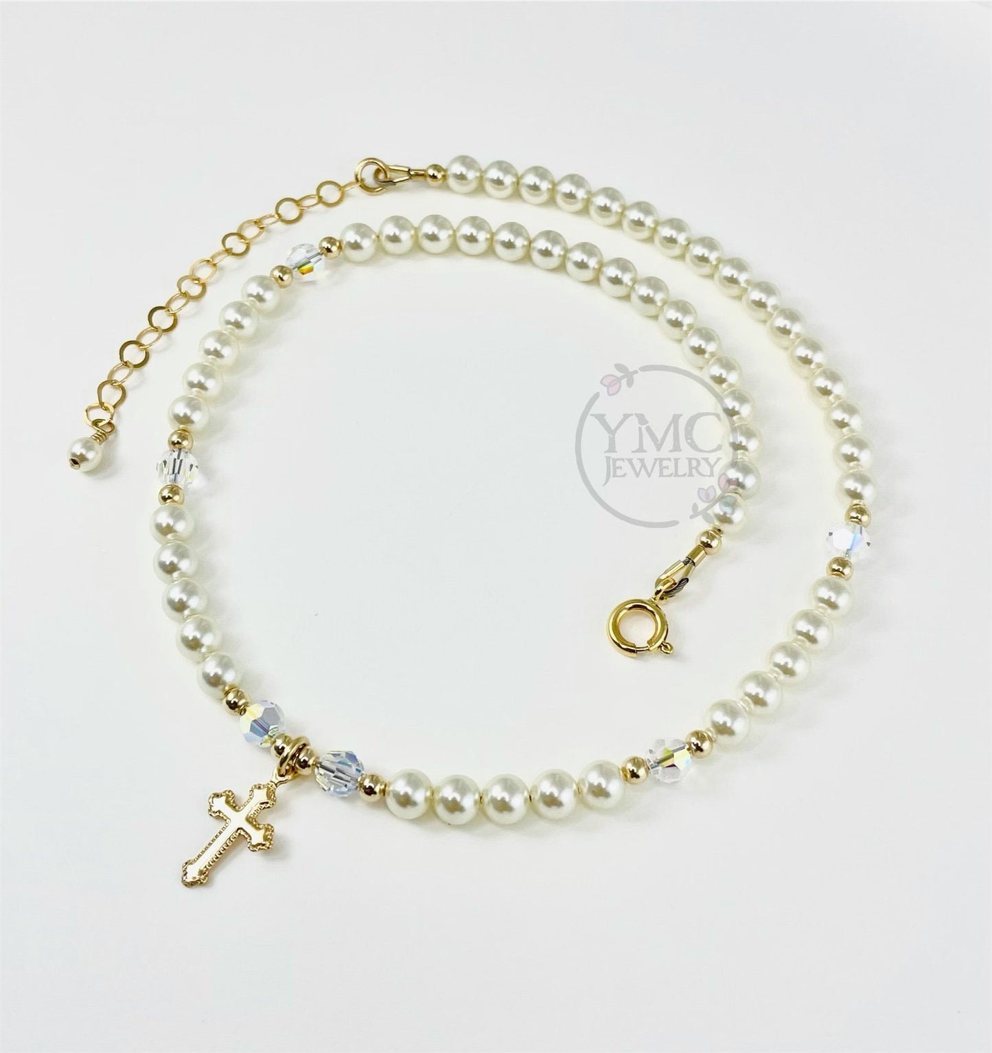Gold Pearl Cross Necklace, Baptism First Communion Necklace