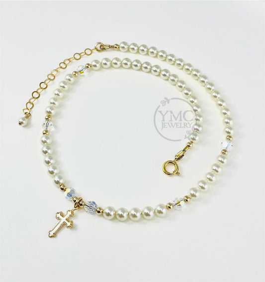 Gold Pearl Cross Necklace, Baptism First Communion Necklace