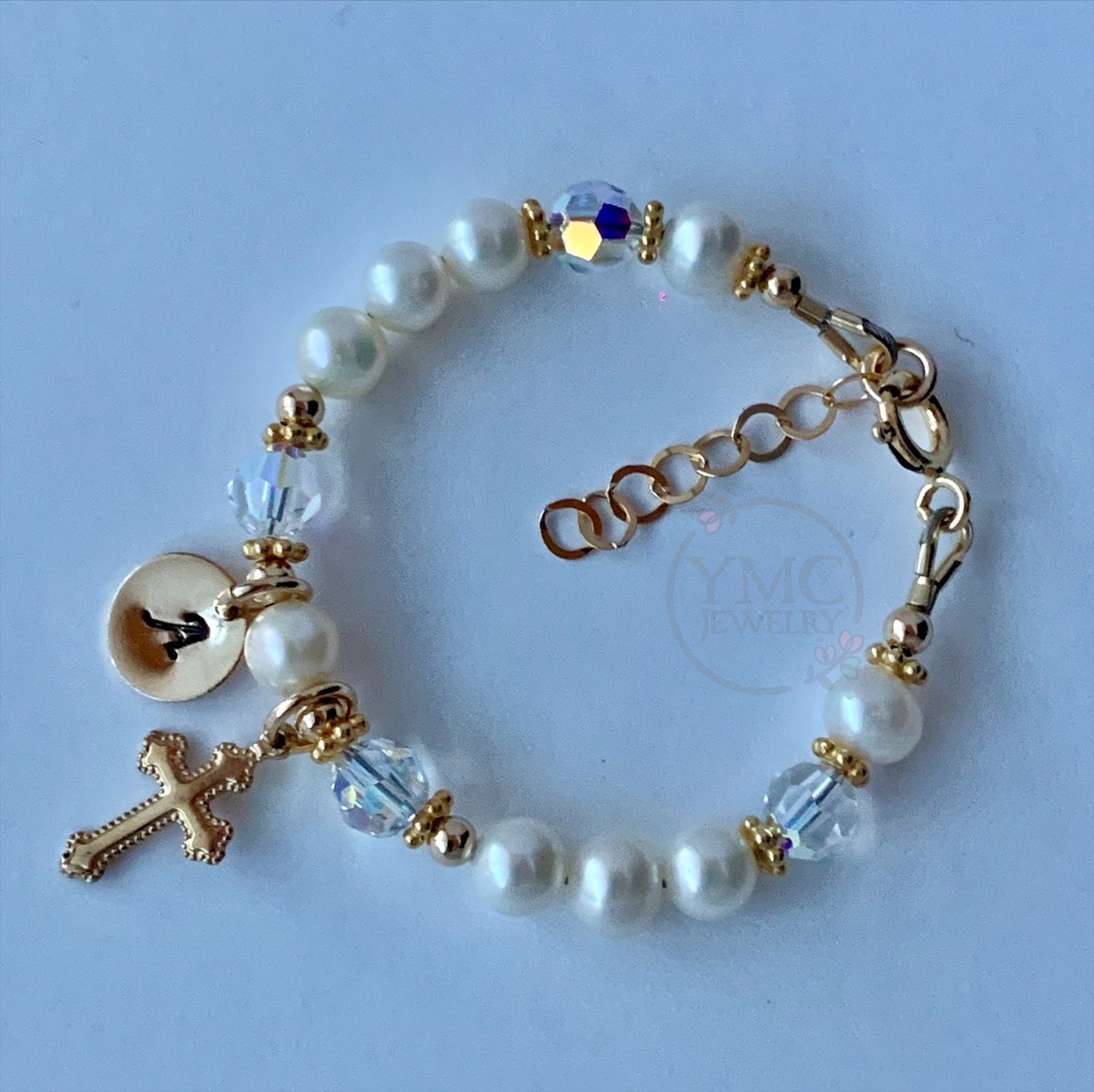 Gold Freshwater Pearl Baby Bracelet, Freshwater Pearl Birthstone Bracelet, Cross Bracelet, Flower Girl Bracelet, First Communion Bracelet