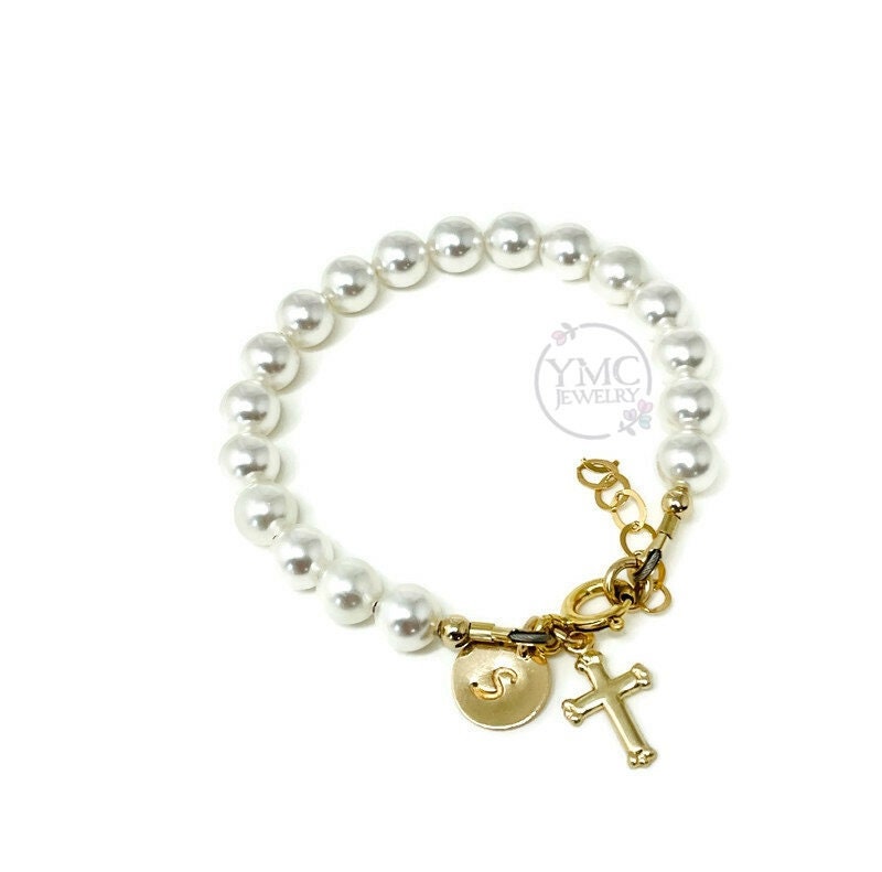 Gold Initial Cross Pearl Baptism Bracelet, Flower Girl Bracelet, Pearl Baptism Bracelet, First Communion-Confirmation,Baby Pearl Bracelet