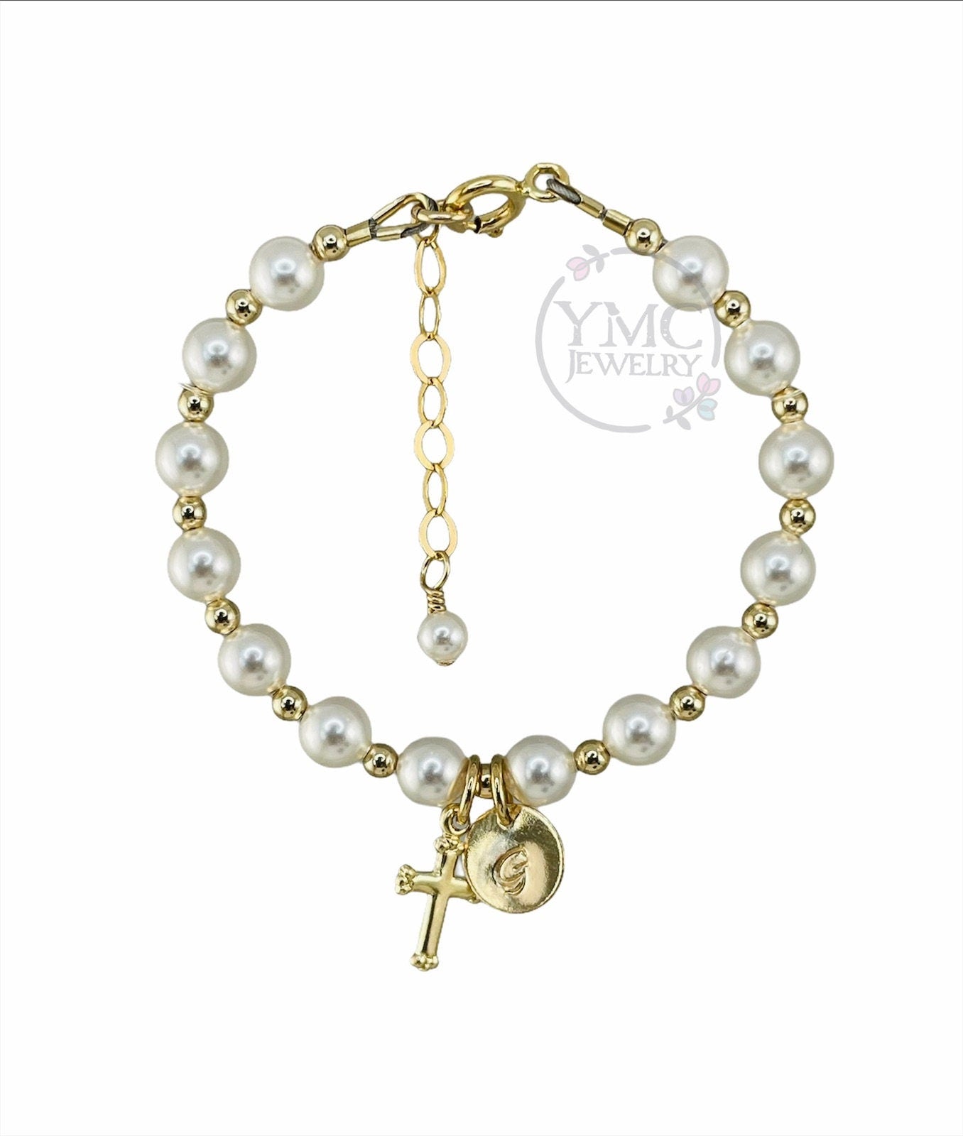 Gold Initial Cross Pearl Baptism Bracelet, Flower Girl Bracelet, Pearl Baptism Bracelet, First Communion, Confirmation, Baby Pearl Bracelet