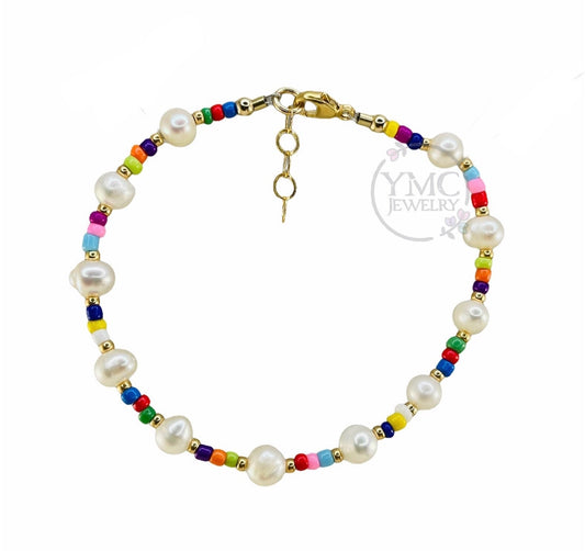 Freshwater Pearl Colourful Stackable Bracelet,Rainbow Pearl Bracelet,Dainty Pearl Colourful Seed Bracelet,Boho Pearl Layering Mom Bracelet