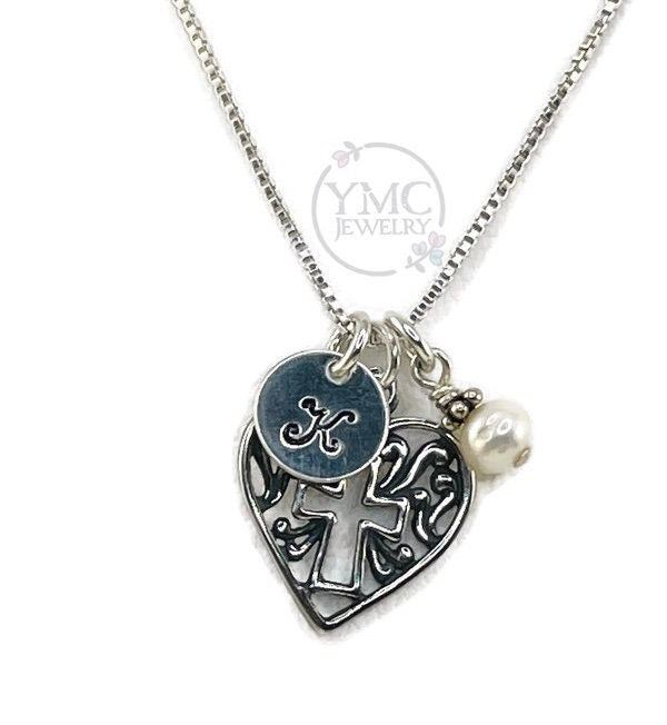 Personalized Sterling Silver Heart Cross Necklace,Initial Birthstone Necklace,First Communion Necklace,Confirmation Necklace,Faith Everyday Necklace