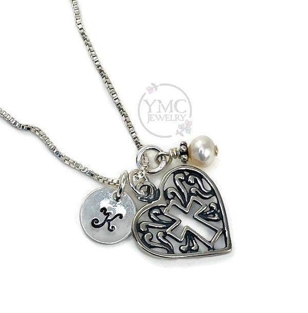 Personalized Sterling Silver Heart Cross Necklace,Initial Birthstone Necklace,First Communion Necklace,Confirmation Necklace,Faith Everyday Necklace