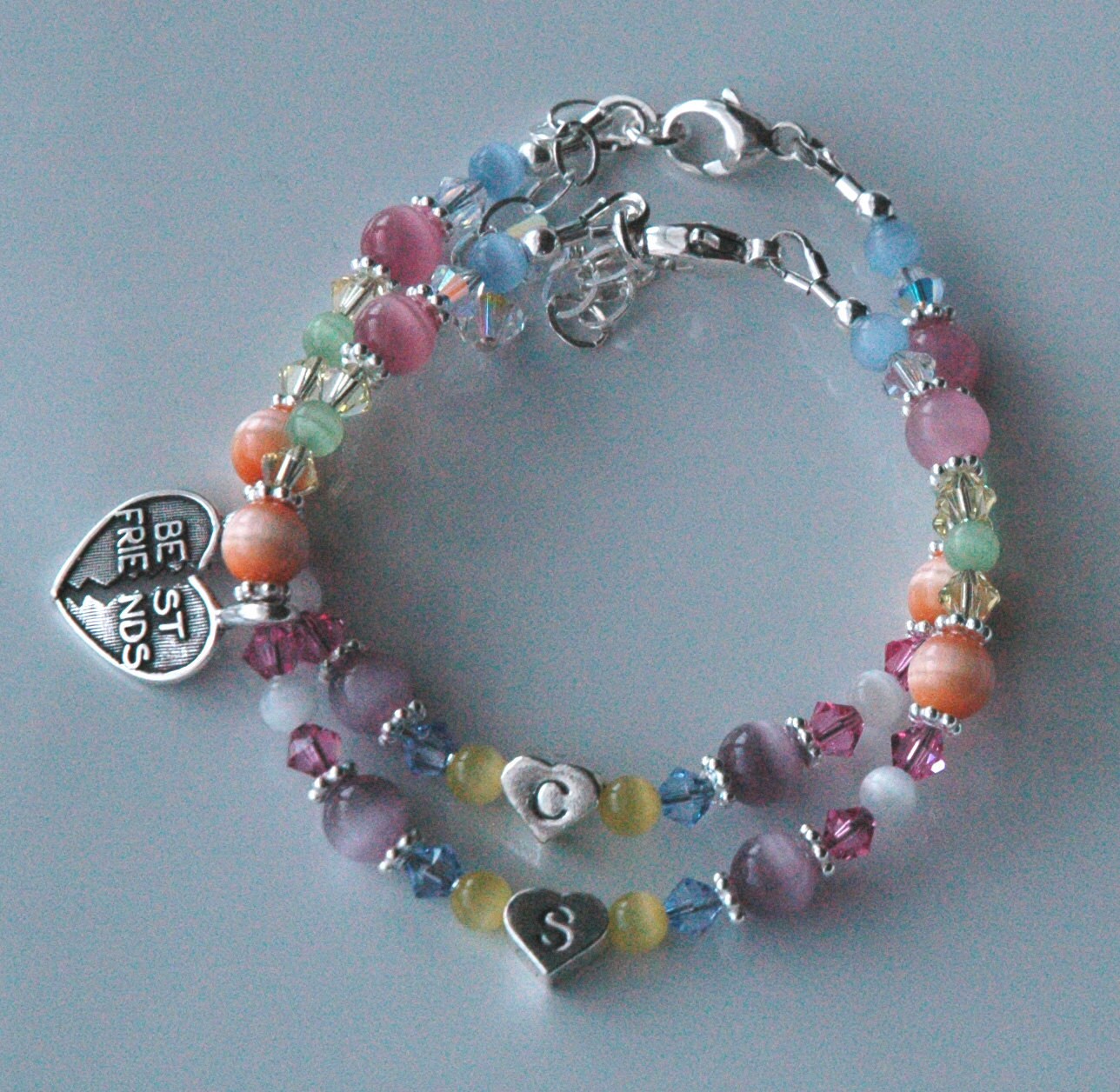 Best Friend BFF Bracelet,Sterling Silver Heart Initial Multicolor Cat Eye and Crystal Children Bracelet,Easter Bracelet,Set two BFF bracelet