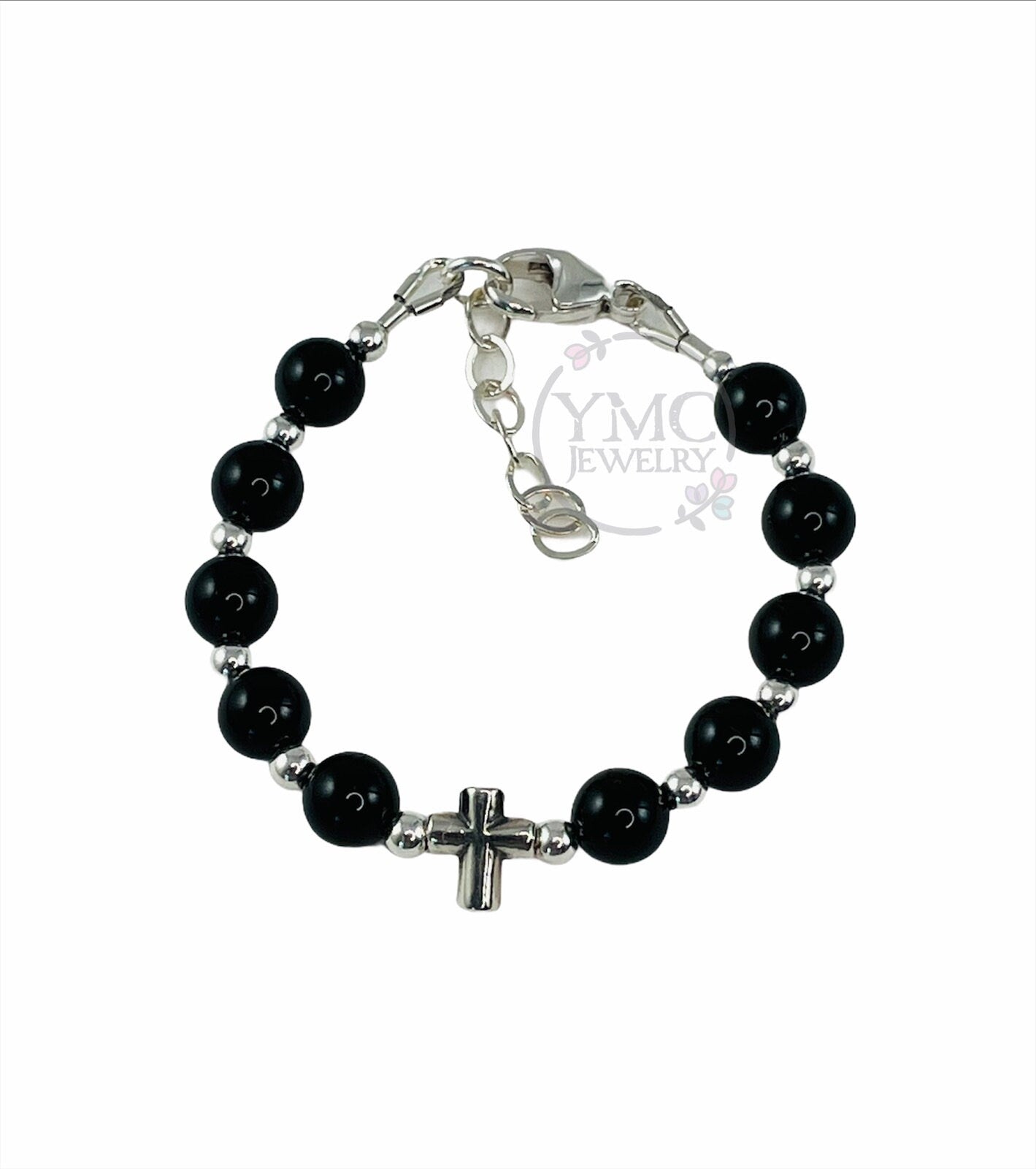 Sterling Catholic Baby Boy Cross Baptism Communion Black Onyx Bracelet