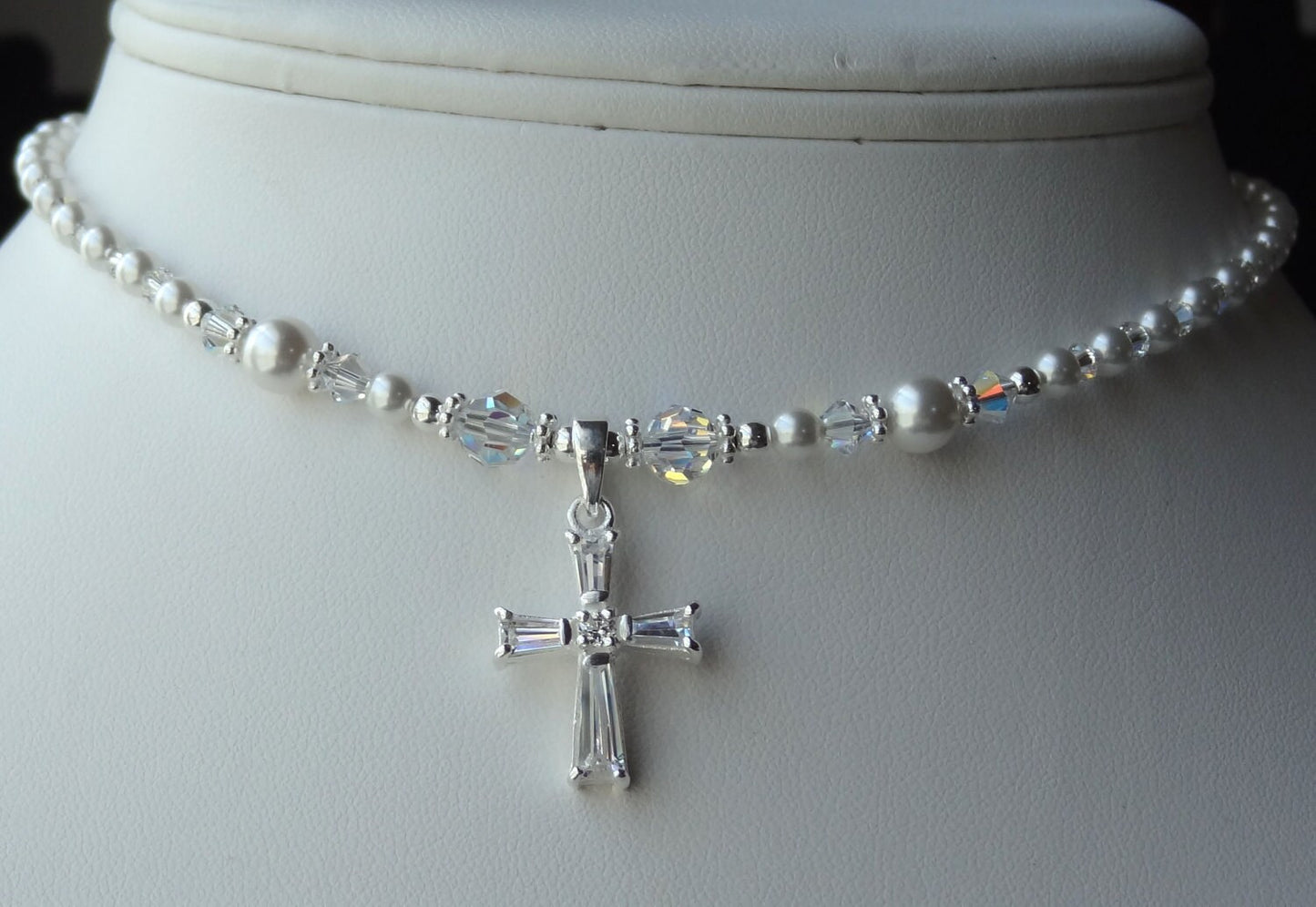 Cross Crystal Pearl Baby Child Necklace,First Holy Communion Cross Pearl Necklace,Confirmation Necklace,Baptism Cross Pearl Necklace