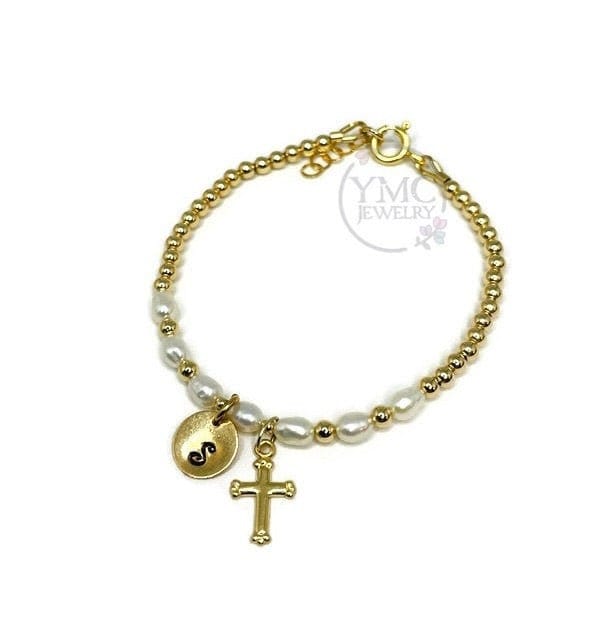 Personalized Real Pearl Gold Initial Cross Bracelet,Gold Baptism Bracelet,First Communion,Baby Infant Little Girls Freshwater Pearl Bracelet