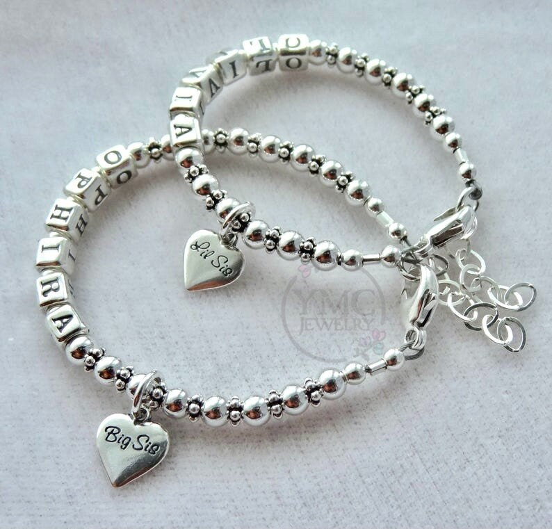 Sterling Silver Personalized Big Sister/Middle Sister/Little Sister Name Children Bracelet,Heart Charm Big Sis Mid Sis Lil Sis Name Bracelet