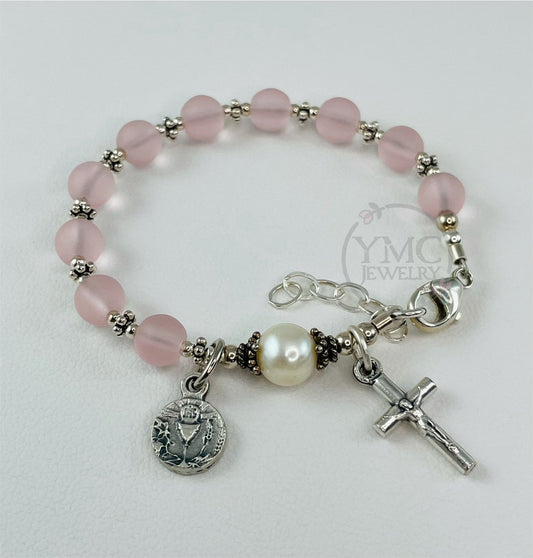 First Holy Communion Rosary Bracelet,Pink Freshwater Pearl Rosary Bracelet,Confirmation Rosary Bracelet,Baptism Rosary Bracelet,Pink Rosary
