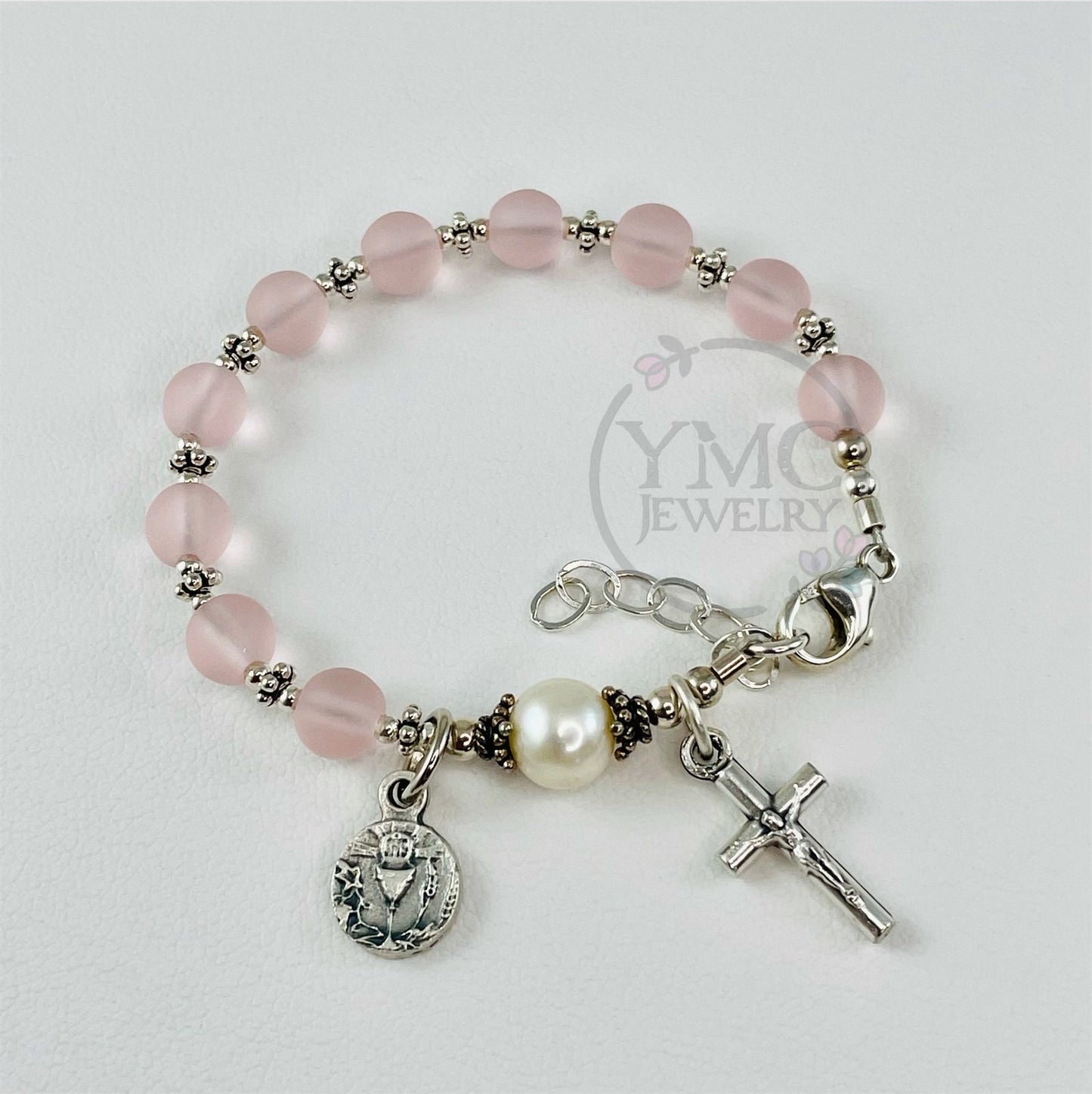 First Holy Communion Rosary Bracelet,Pink Freshwater Pearl Rosary Bracelet,Confirmation Rosary Bracelet,Baptism Rosary Bracelet,Pink Rosary