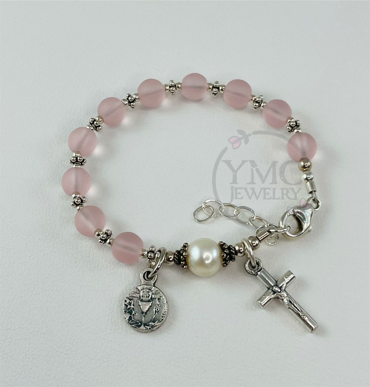 First Holy Communion Rosary Bracelet,Pink Freshwater Pearl Rosary Bracelet,Confirmation Rosary Bracelet,Baptism Rosary Bracelet,Pink Rosary