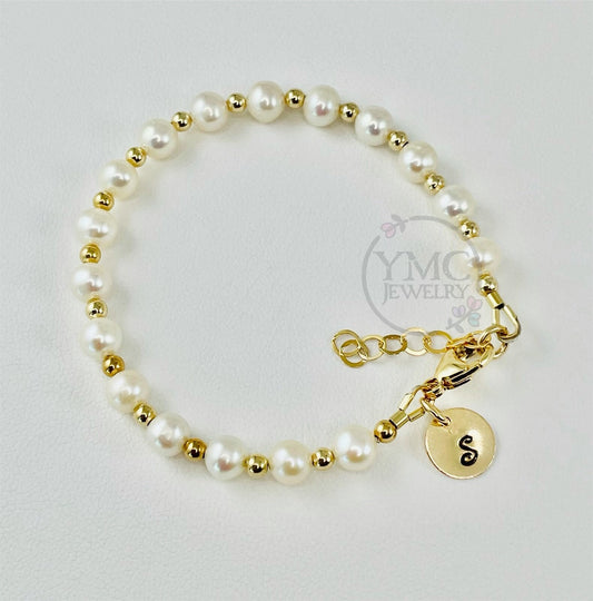 Gold Real Pearl Initial Stackable Toddler Bracelet,Gold Dainty Freshwater Pearl Bracelet For Kids Girls,Gold Layering Mom and Me Bracelet