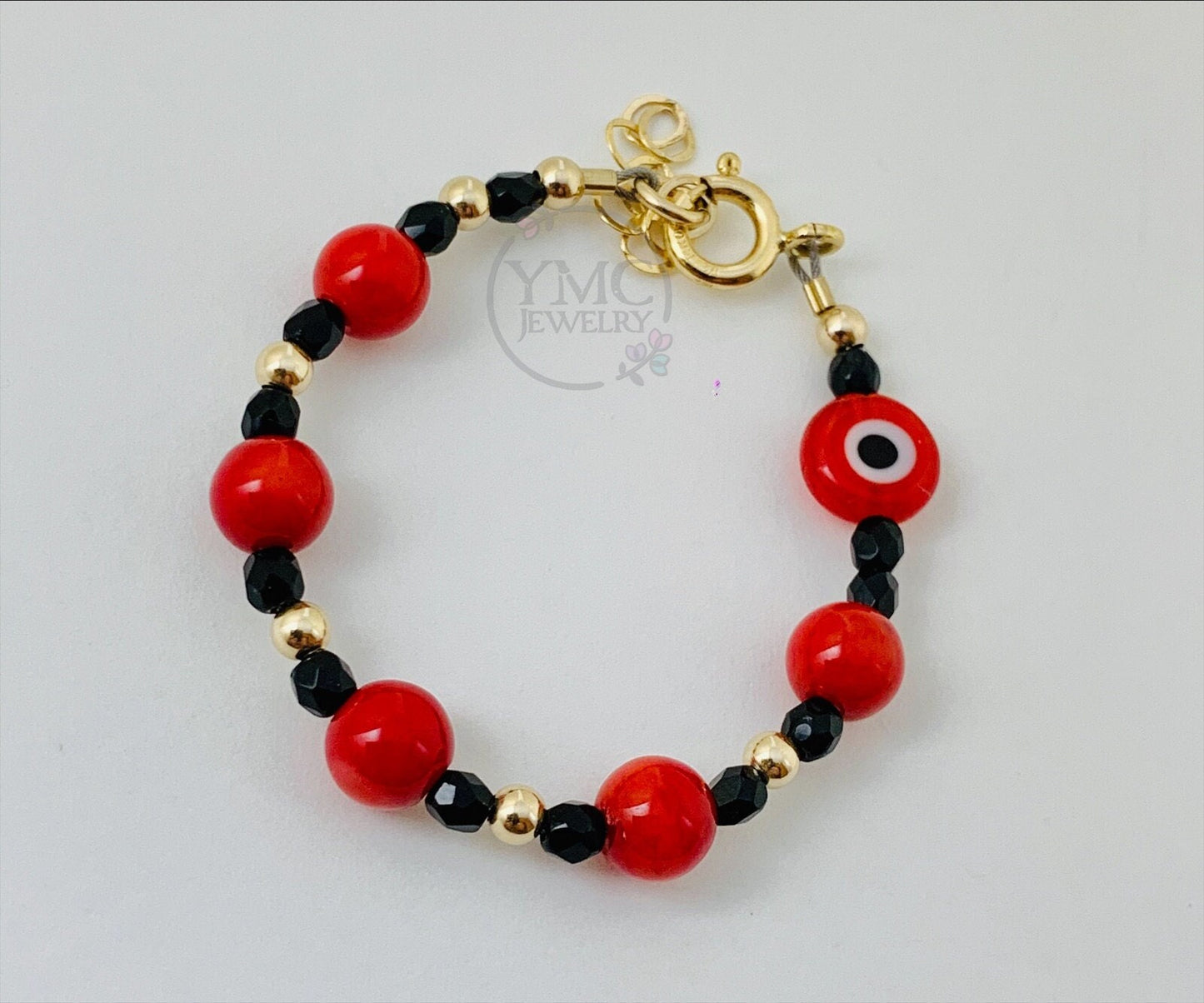 Gold Red Jade and Evil Eye Crystal Children's Bracelet,Baby Boy Bracelet,Baby Protection Evil Eye Bracelet,Gold Red and Black Bracelet,