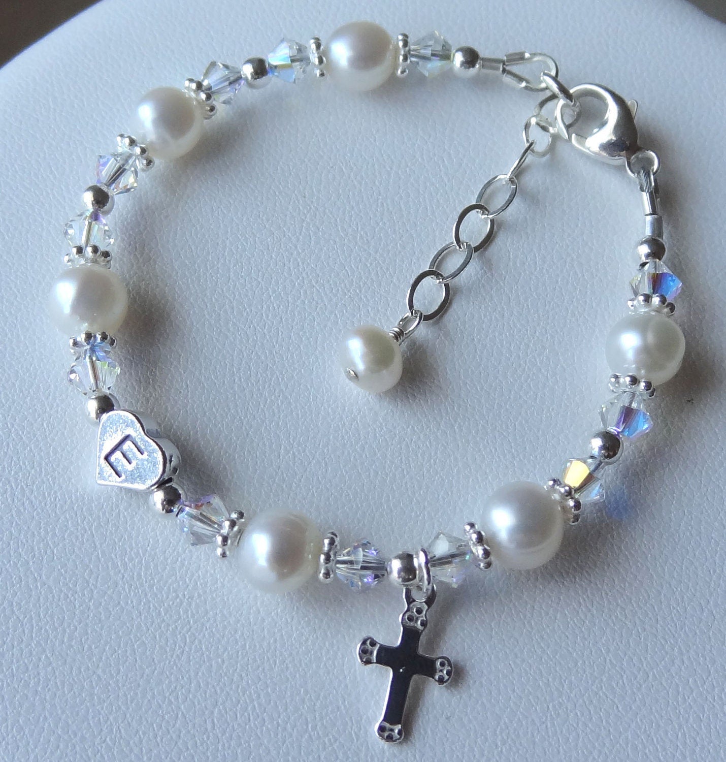 Personalized Freshwater Pearl Baptism Initial Cross Bracelet,First Communion pearl Cross Bracelet,Confirmation Bracelet,Real  Pearl Bracelet