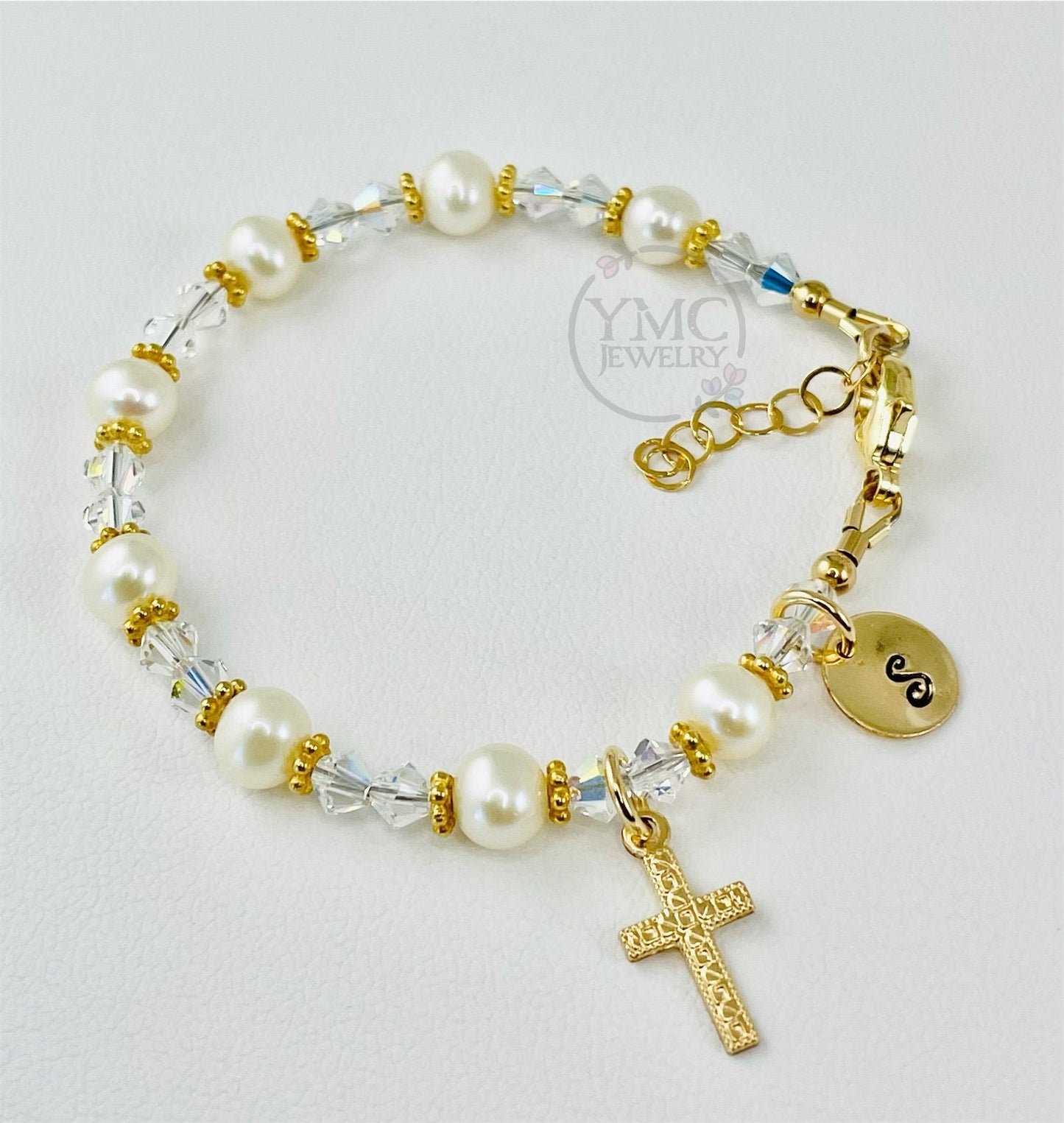 Gold Real Pearl Initial Cross Bracelet,Gold Baptism Christening First Communion Bracelet,Baby Infant Little Girls Freshwater Pearl Bracelet