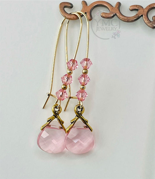 Gold Pink Briolette Earrings,Light Pink Earrings,Mother of the Bride Earrings,Mother of the Groom Earrings,Gif for mom,Pink Kidney Earrings