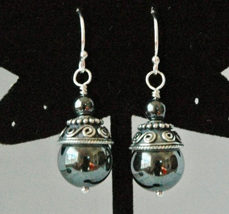 Hematite and Sterling Silver Earrings,Grey Earrings,Dark Grey Earrings Dangle,Healing Stone for Anxiety Relief Earrings,Silver Ball Earrings