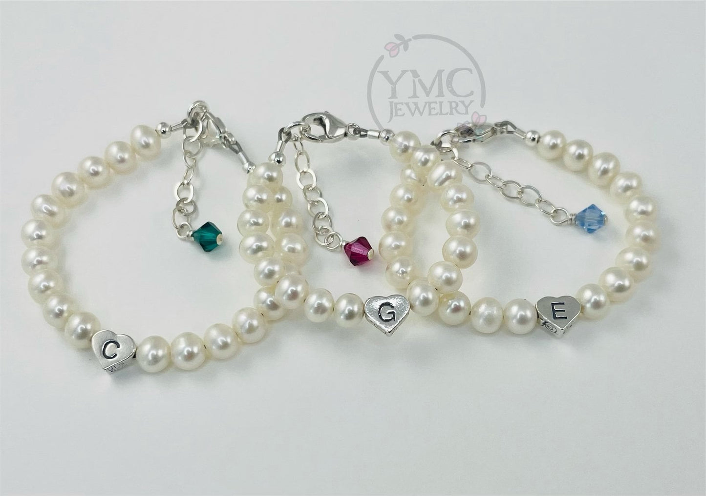 Real Freshwater Pearl Initial Baby Bracelet,Baptism Bracelet,Personalized Baby Infant Initial Birthstone Bracelet,Flower Girl Pearl Bracelet