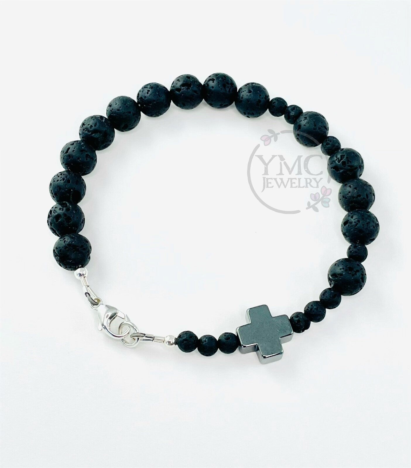 Black Gray Boy Man Men Rosary Chaplet Bracelet,Lava Stone Men Bracelet