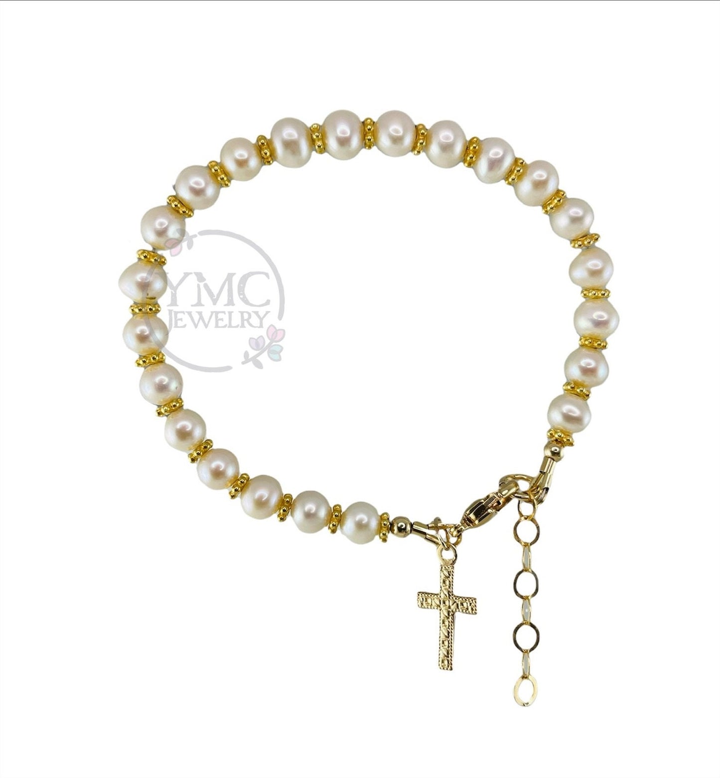 Gold Real Pearl Cross Baptism Bracelet,Flower Girl Bracelet,Pearl Baptism to Bride Bracelet,First Communion-Confirmation,Baby Pearl Bracelet