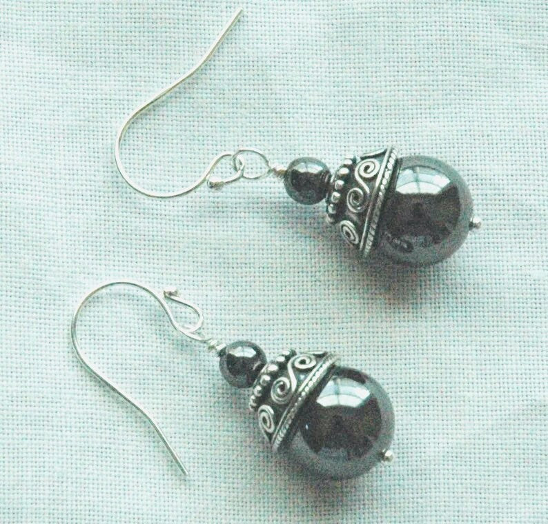 Hematite and Sterling Silver Earrings,Grey Earrings,Dark Grey Earrings Dangle,Healing Stone for Anxiety Relief Earrings,Silver Ball Earrings