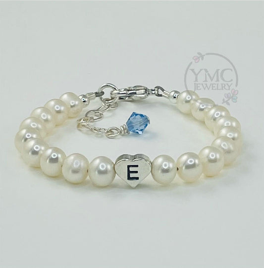 Real Freshwater Pearl Initial Baby Bracelet,Baptism Bracelet,Personalized Baby Infant Initial Birthstone Bracelet,Flower Girl Pearl Bracelet