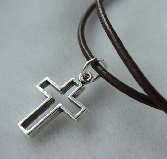 Leather Cord Small Open Cross Boy Necklace, Religious Boy Necklace