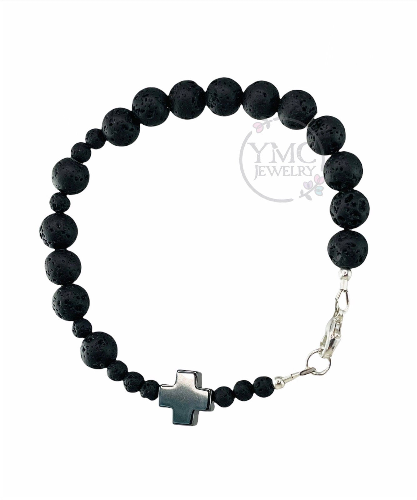 Black Gray Boy Man Men Rosary Chaplet Bracelet,Lava Stone Men Bracelet