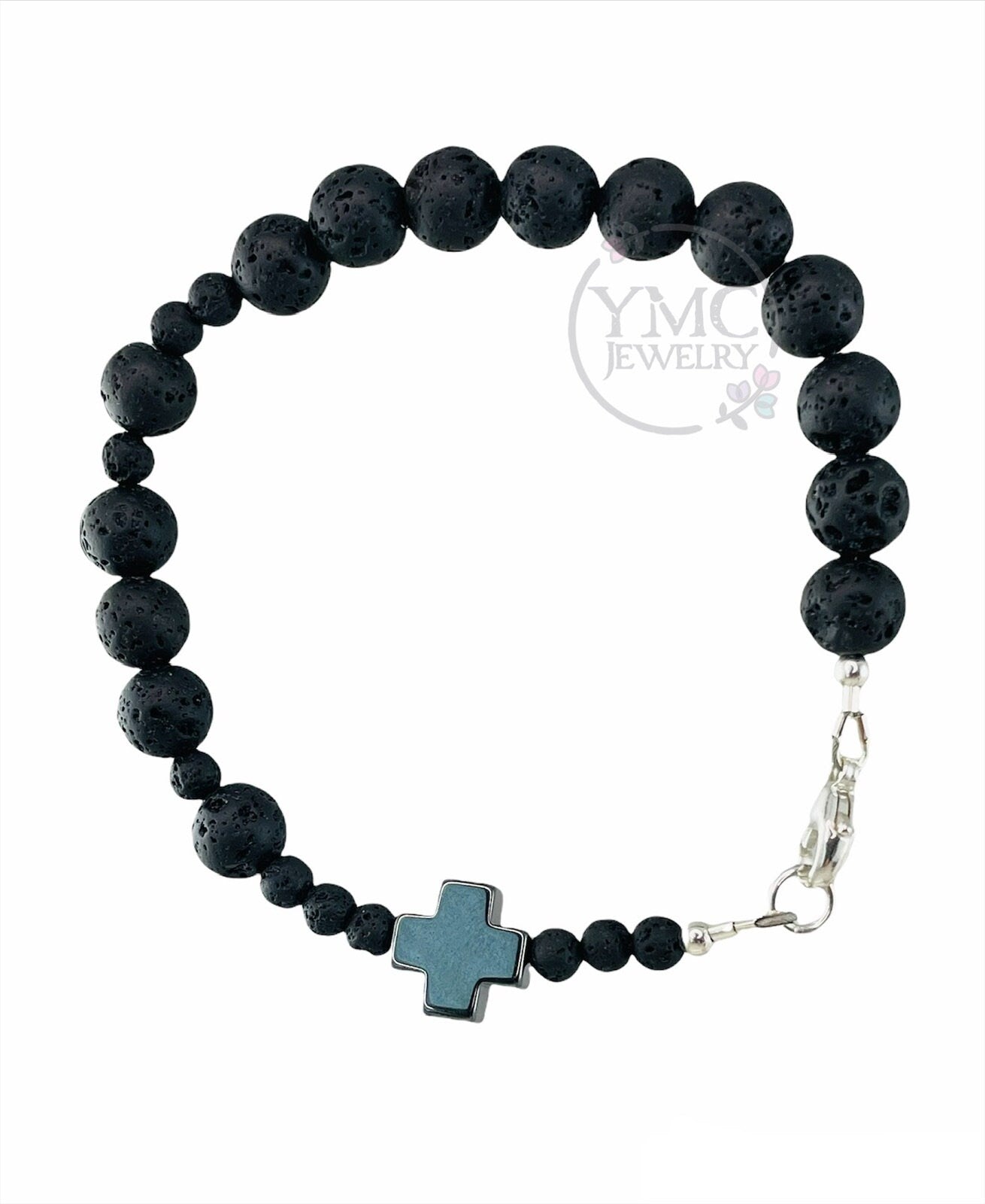 Black Gray Boy Man Men Rosary Chaplet Bracelet,Lava Stone Men Bracelet