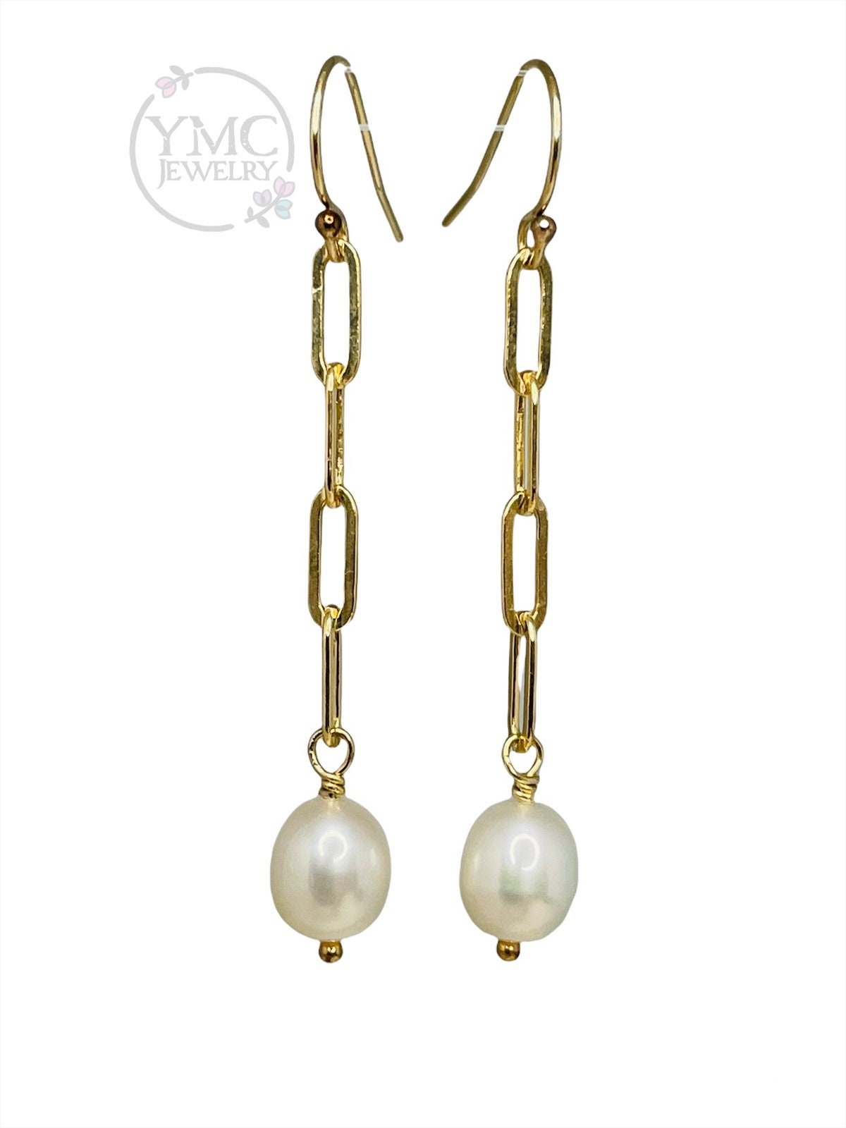 Gold Paperclip Chain Pearl Earrings,Gold Bride Earrings,Gold Pearl Earrings,Mother of Bride Groom Earrings,Golden Chain Link Earrings