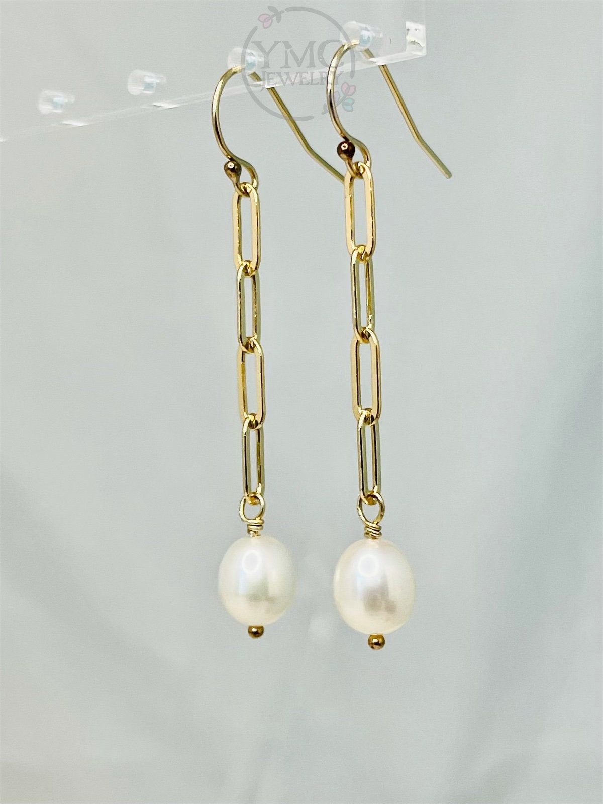 Gold Paperclip Chain Pearl Earrings,Gold Bride Earrings,Gold Pearl Earrings,Mother of Bride Groom Earrings,Golden Chain Link Earrings